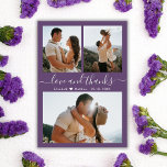 Mauve Budget Photo Collage Bröllop - tackkort<br><div class="desc">Budgeterad Modern Elegant, skript "Kärlek och tack" Mauve Bröllop 3 Photo Collage Tack Låg prisvärd Billigt Thin Card. Du kan uppgradera om du vill att kortet ska skrivas ut på cardstock. Med tre (3) foto på framsidan och ett (1) foto på baksidan. Med texten "Kärlek och tack" i ett snabbt...</div>