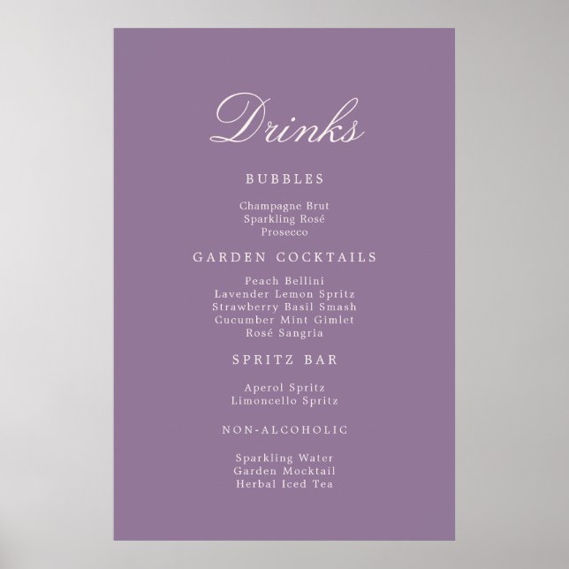 Mauve Calligraphy Wedding Drinks Menu Sign Poster (Framsidan)