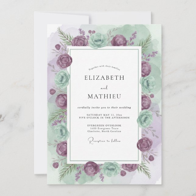Mauve Celadon Ranunculus Eucalyptus Bröllop Inbjudningar (Framsida)