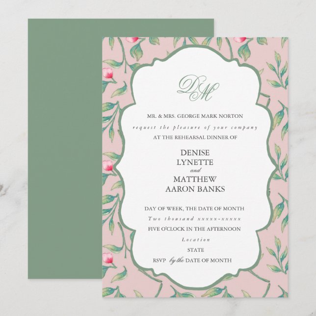 Mauve Chalk och Basil Green Rehearsal Middag Inbjudningar (Fram/baksida)