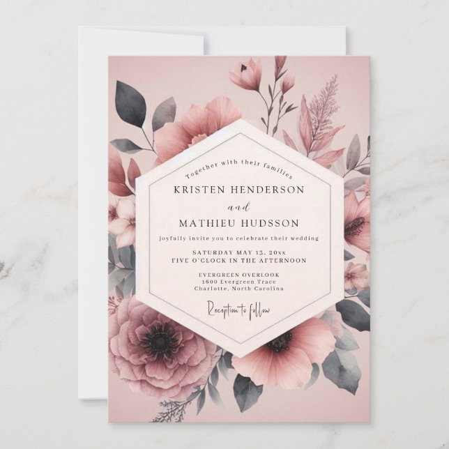 Mauve Charcoal Flora Wedding Inbjudningar (Framsida)