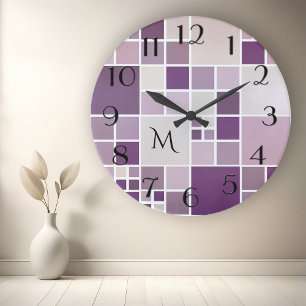 Mauve Checkated Mönster Monogram Wall Clock Rund Klocka