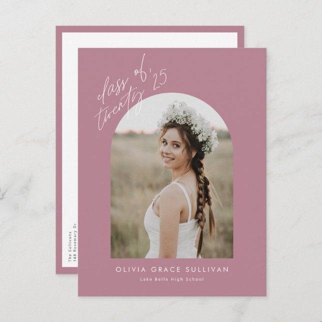 Mauve Class of 2025 Arch Photo Studenten Inbjudan Vykort (Fram/baksida)