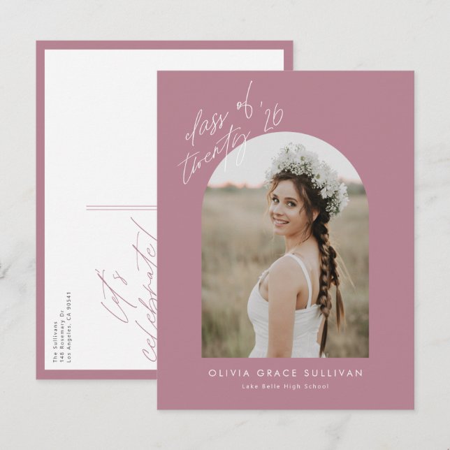 Mauve Class of 2025 Arch Photo Studenten Inbjudan Vykort (Fram/baksida)