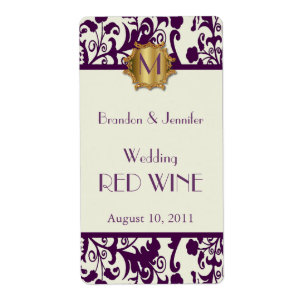 Mauve Damask Monogram Bröllop Mini Vin-etiketter Fraktsedel