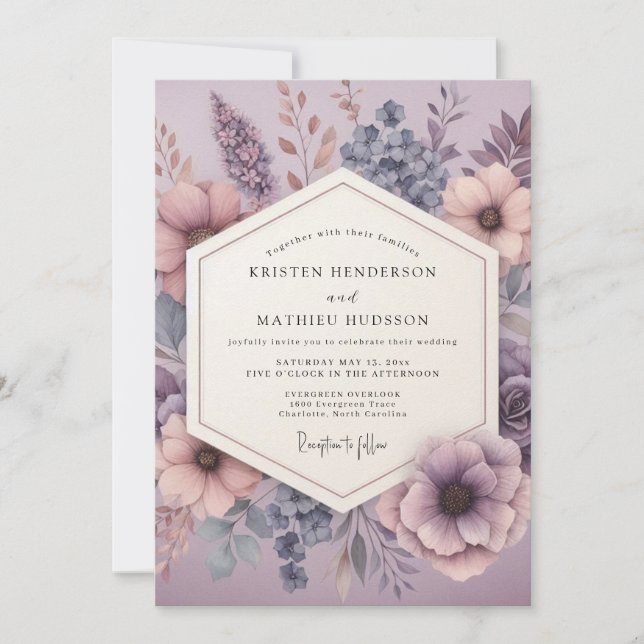 Mauve Drömmig Blommig Bröllop Inbjudningar (Framsida)