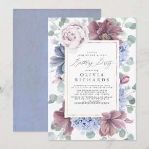Mauve Dusty Blue Blommigt Elegant Modern Birthday Inbjudningar