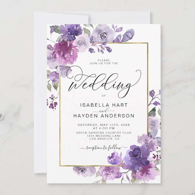 Mauve Dusty Lila Lilac Blommigt Gold Foil Bröllop Inbjudningar (Framsida)