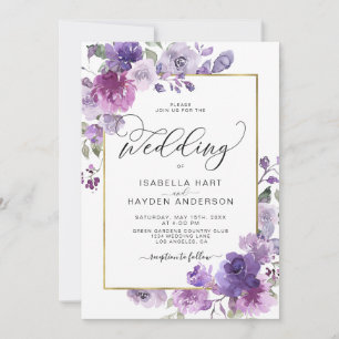 Mauve Dusty Lila Lilac Blommigt Gold Foil Bröllop Inbjudningar