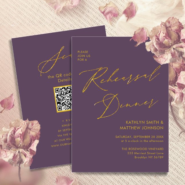 Mauve Elegant Guld Script Rehearsal Dinner QR-kod Inbjudningar (Skapare uppladdad)