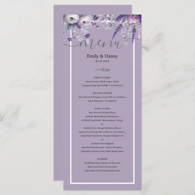 Mauve Elegant Lavender Botanical Bröllop Menu Meny (Fram/baksida)