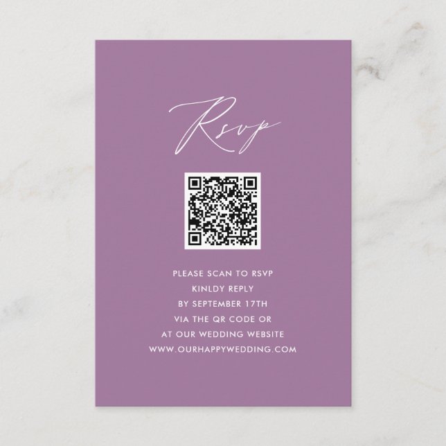 Mauve Elegant Script Minimalist QR-Bröllop OSA Tilläggskort (Framsida)