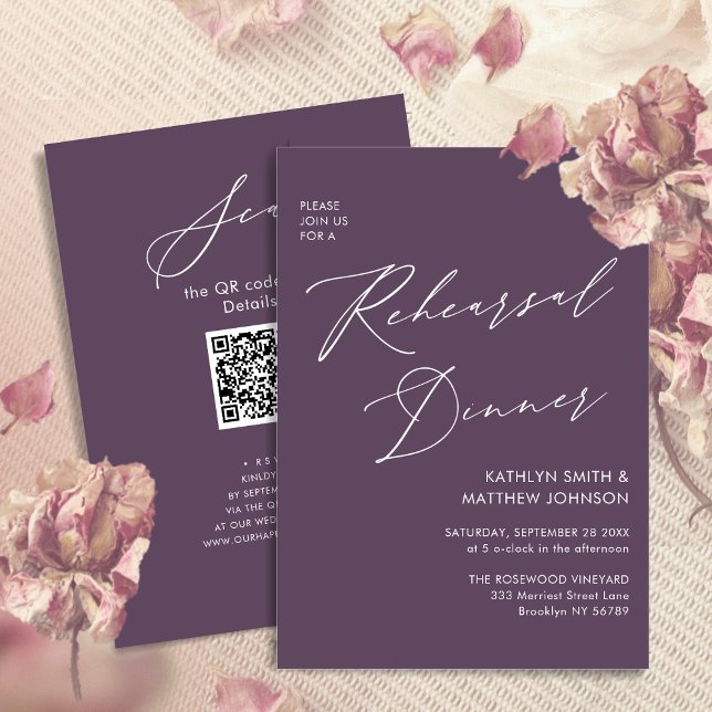 Mauve Elegant Script Rehearsal Dinner Minimal QR Inbjudningar (Skapare uppladdad)