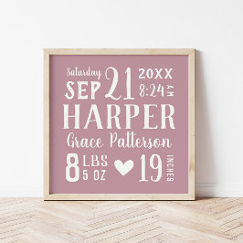 Mauve Flicka Birth Stats Keepsaké Poster