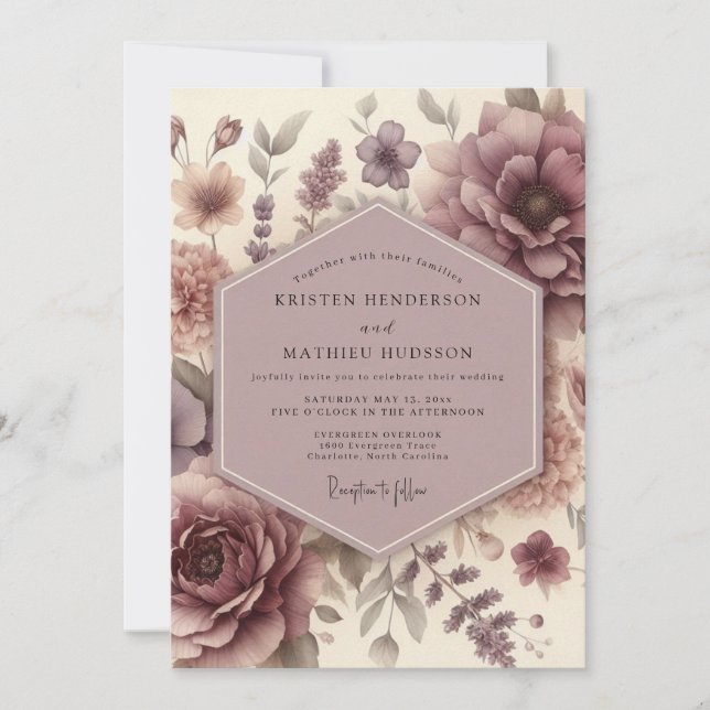Mauve Floral Bloom Wedding Inbjudningar (Framsida)