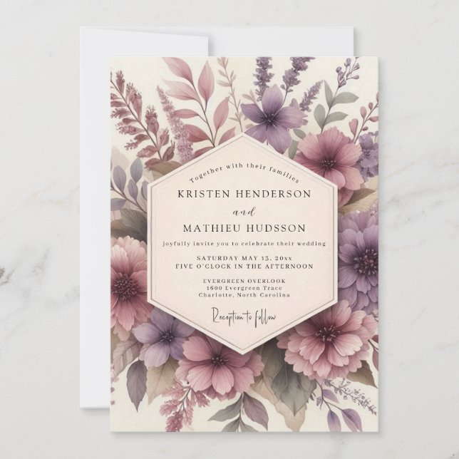Mauve Floral Romance Wedding Inbjudningar (Framsida)