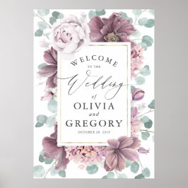 Mauve Flowers Elegant Greenery Bröllop Welcome Poster