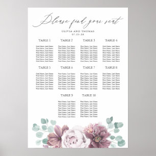 Mauve Flowers och Eucalyptus Bröllop Seating Chart Poster