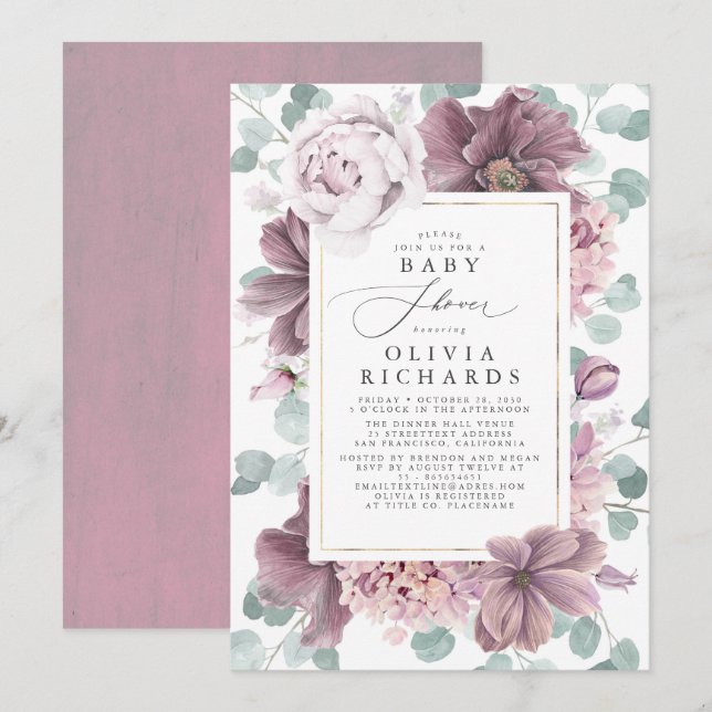 Mauve Flowers och Greenery Elegant Baby Shower Inbjudningar (Fram/baksida)