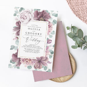 Mauve Flowers och Greenery Elegant Snyggt Bröllop Inbjudningar