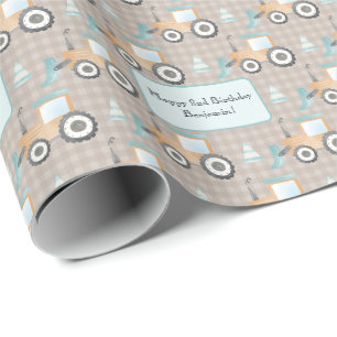 Mauve Gingham Play Construction Digger Text Namn Presentpapper