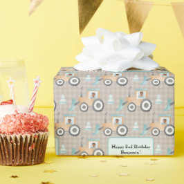 Mauve Gingham Play Farm Tractor Photo Namn Presentpapper