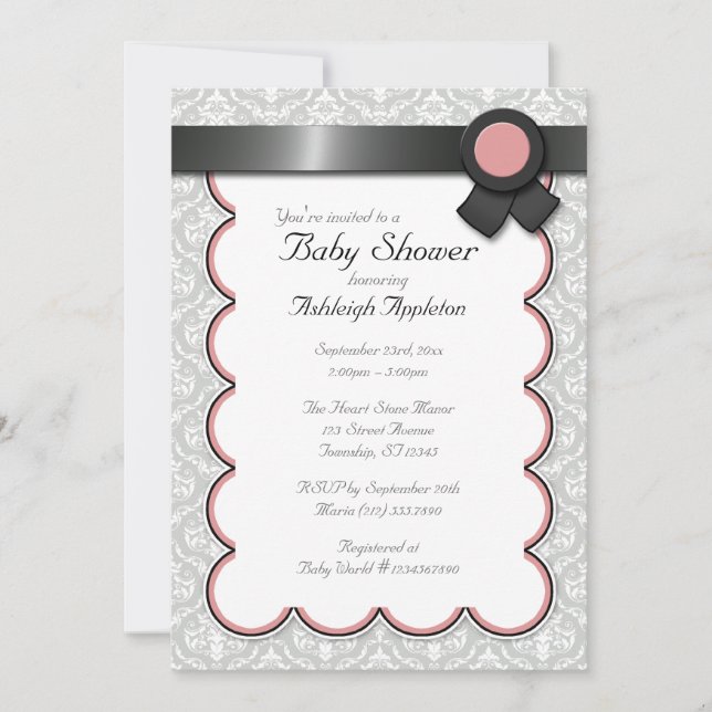 Mauve & Grått Damask Baby Shower-inbjudningar Inbjudningar (Framsida)