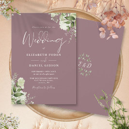 Mauve Greenery Blommigt Monogram Bröllop Inbjudningar