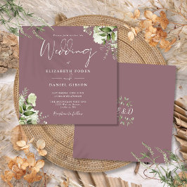 Mauve Greenery Blommigt Monogram Square Bröllop Inbjudningar
