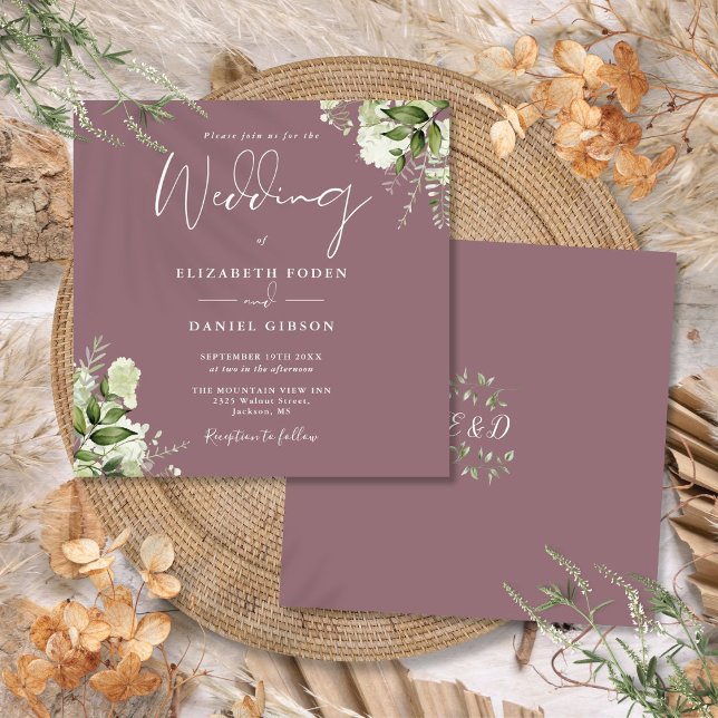 Mauve Greenery Blommigt Monogram Square Bröllop Inbjudningar (Mauve Greenery Floral Monogram Square Wedding Invitation)