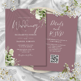 Mauve Grönska Blommig QR-kod Bröllop Inbjudningar