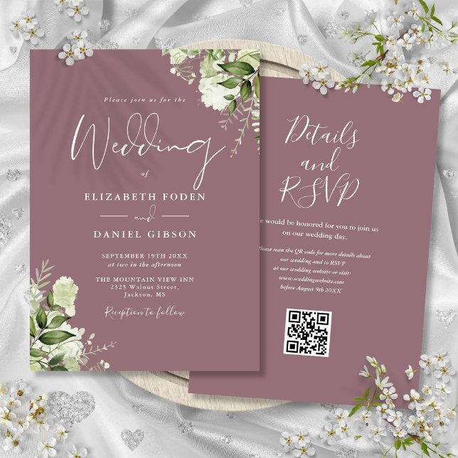 Mauve Grönska Blommig QR-kod Bröllop Inbjudningar (Mauve Greenery Floral QR Code Wedding Invitation)