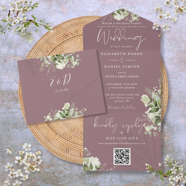 Mauve Grönska QR-kod Formell Bröllop (Mauve Greenery QR Code Formal Wedding All In One Invitation)