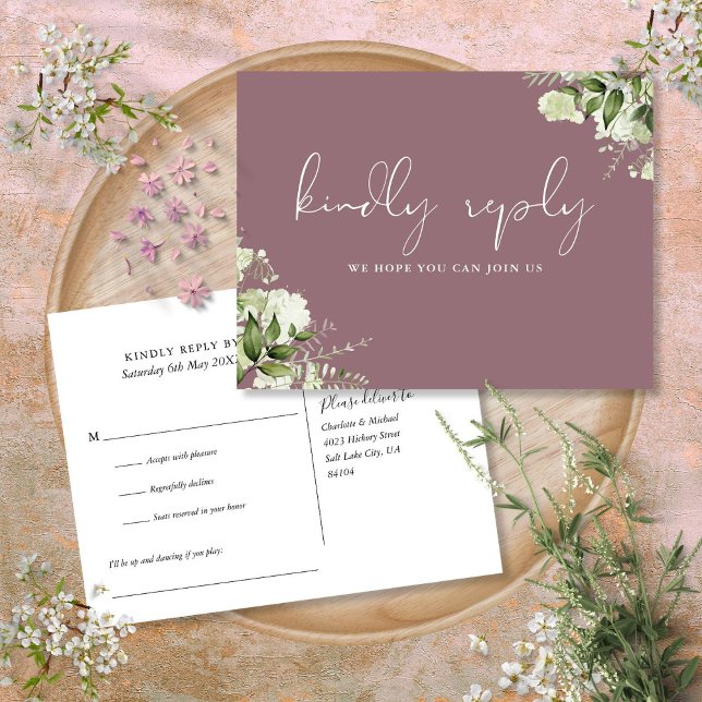 Mauve Grönskande Sångförfrågan RSVP Vykort (Mauve Greenery Song Request RSVP Postcard)
