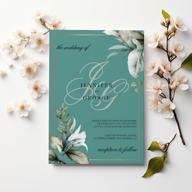 Mauve grönt guld foliage monogram initialer bröllo inbjudningar (Mauve green gold foliage monogram initials wedding)