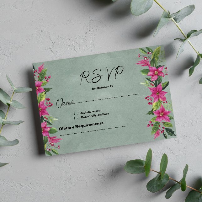 Mauve grönt rosa vintertid blommigt JulOSA Inbjudningar (Mauve green pink winter floral Christmas RSVP)