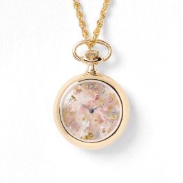 Mauve & Guld Blommigt Abstrakt Necklace Watch Armbandsur