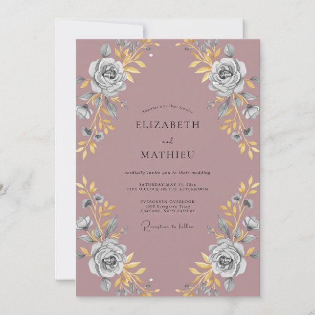 Mauve Guld Peony Bröllop Inbjudningar (Framsida)