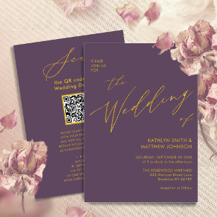 Mauve Guld QR-kod i ett Elegant bröllop Inbjudningar