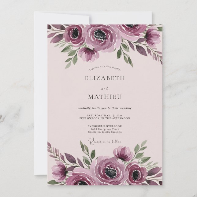 Mauve Harmonious Botanical Wedding Inbjudningar (Framsida)