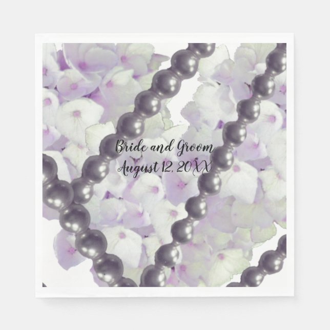 Mauve Hydrangeas och Pärlor Bröllops Servetter (Framsidan)