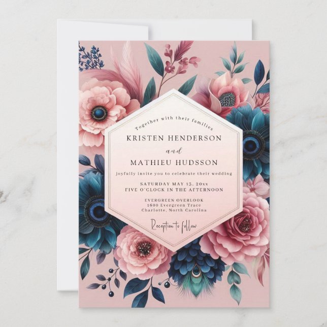 Mauve Indigo Moody Bröllopsblomster Inbjudningar (Framsida)