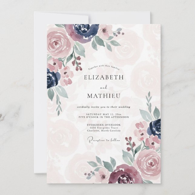 Mauve Indigo Peony Bröllop Inbjudningar (Framsida)