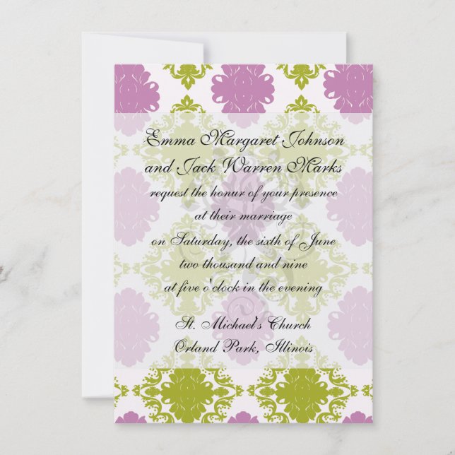 Mauve lavender lime green white diamant Damask Inbjudningar (Framsida)