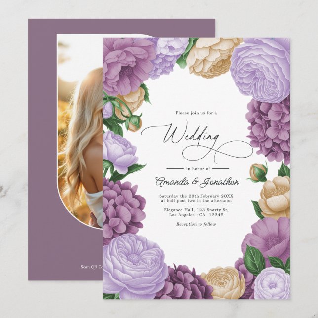 Mauve, Lavender Smoke & Champagne Floral Wedding Inbjudningar (Fram/baksida)