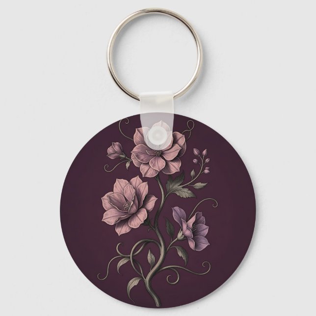 Mauve Lila Anemon Blomma Mörk Botanisk  Nyckelring (Framsida)