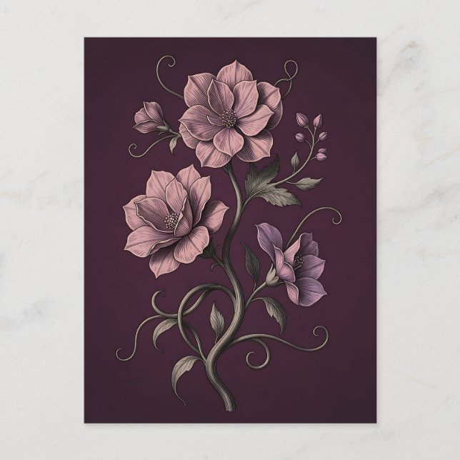 Mauve Lila Anemon Blomma Mörk Botanisk  Vykort (Framsida)