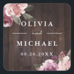 Mauve lila $ blommigt mulberry Rustic wood bröllop Fyrkantigt Klistermärke<br><div class="desc">Konstruktion av botaniska blommigtar i dammsug lila,  mullbär,  dammig ro och persiko färg på bakgrunden av träkorna i mörk,  med ett par namn och händelsemedatum,  modernt och elegant,  underbara personligens bröllopsmärken för giriga botaniska trädgårdsbröllop i fall och vinter. Visa alla matchande delar i samlingen.</div>