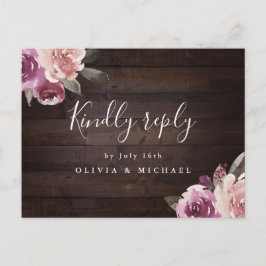 Mauve lila blommigt Rustic wood bröllop OSA Inbjudan Vykort