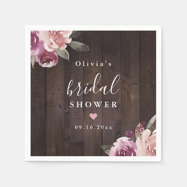 Mauve lila blommigt Rustic wood möhippa Pappersservett (Framsidan)